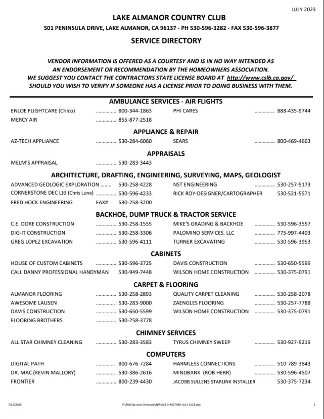 LACC Service Directory Lake Almanor Country Club