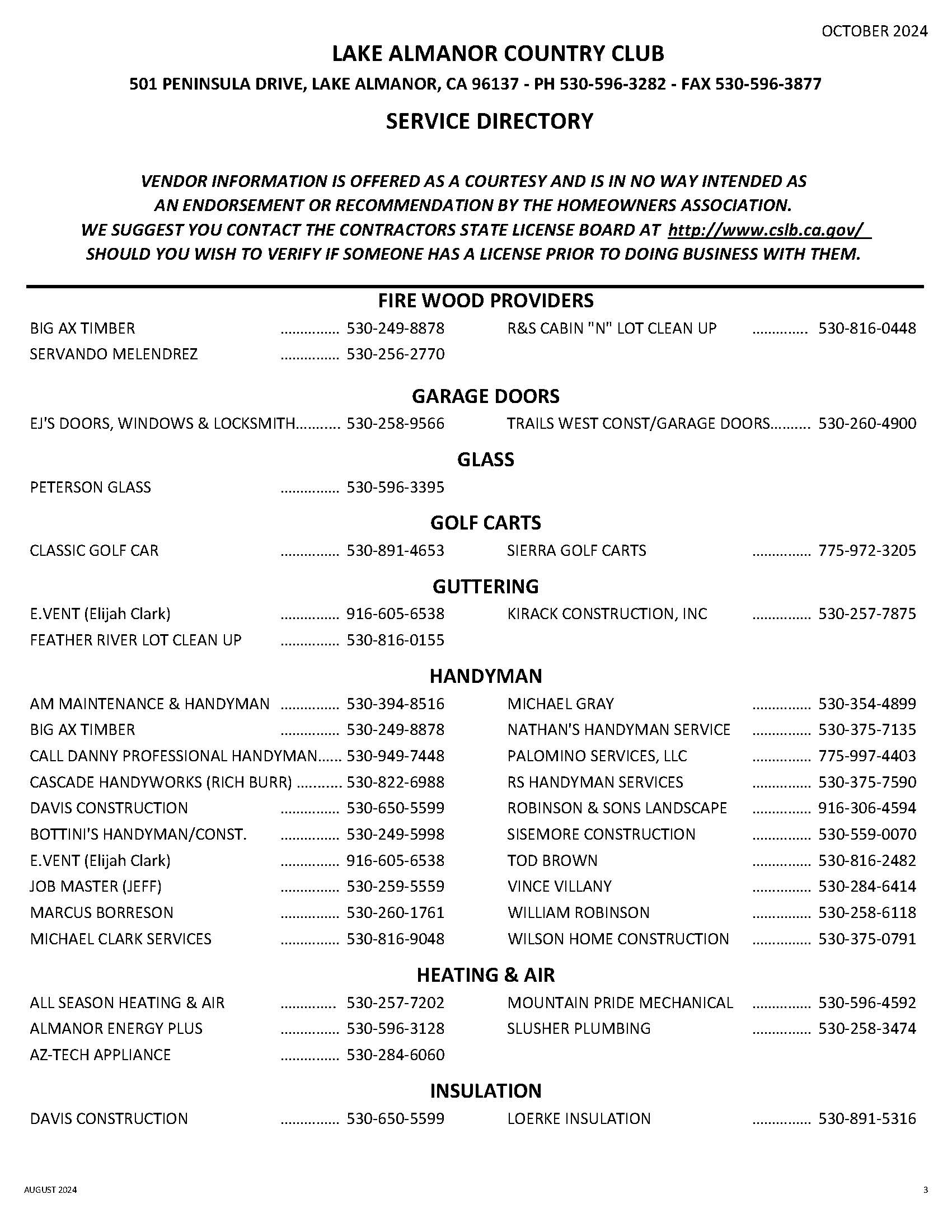 LACC Service Directory Lake Almanor Country Club