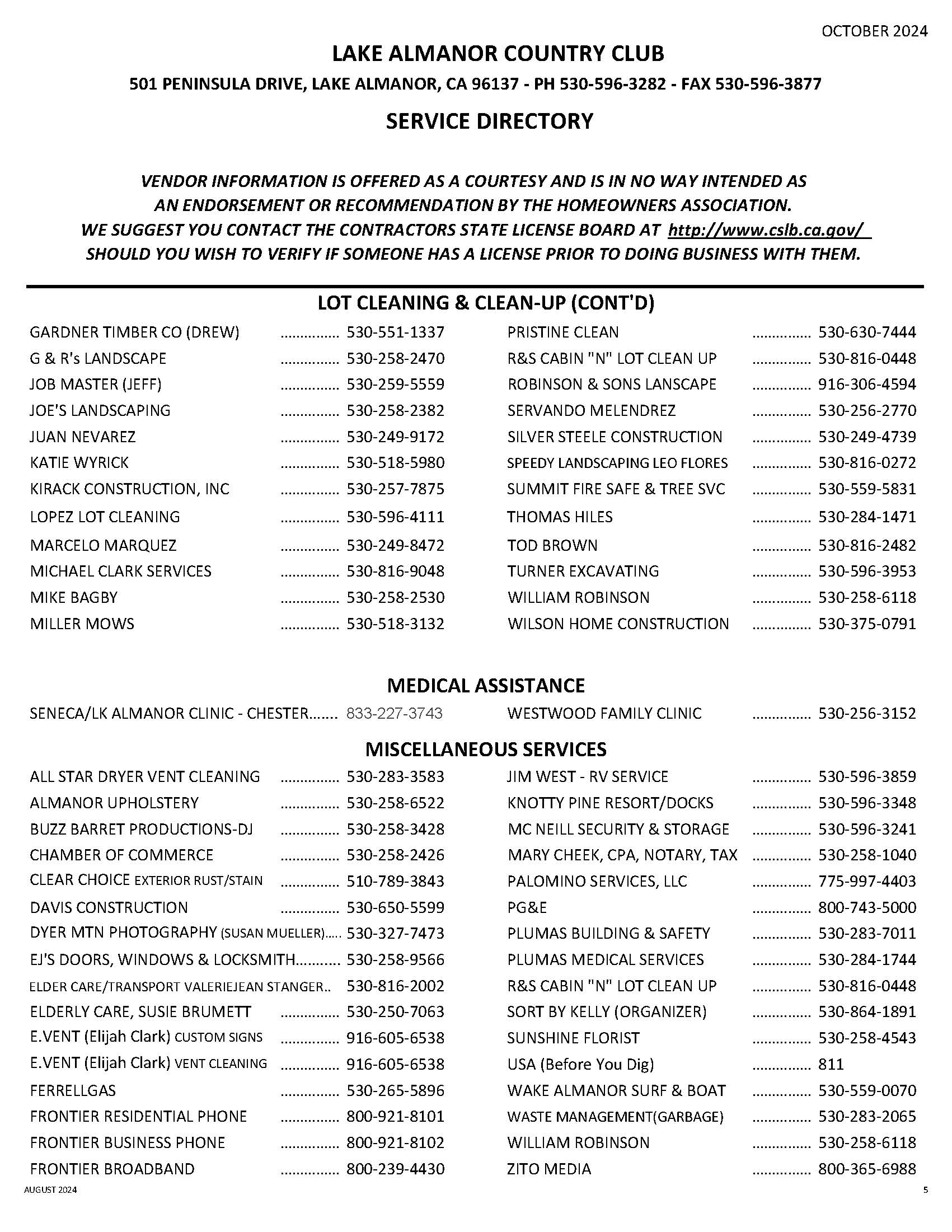 LACC Service Directory Lake Almanor Country Club