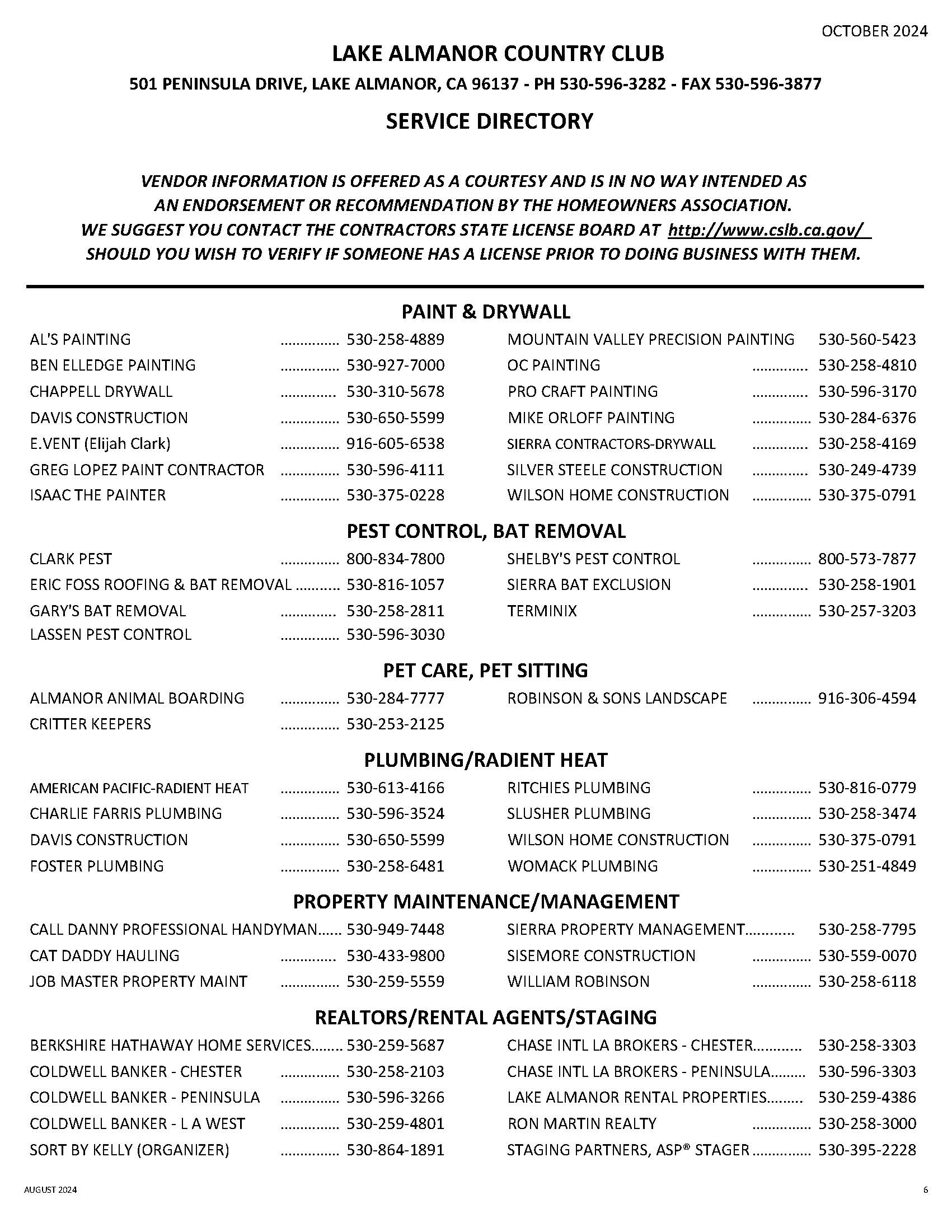 LACC Service Directory Lake Almanor Country Club