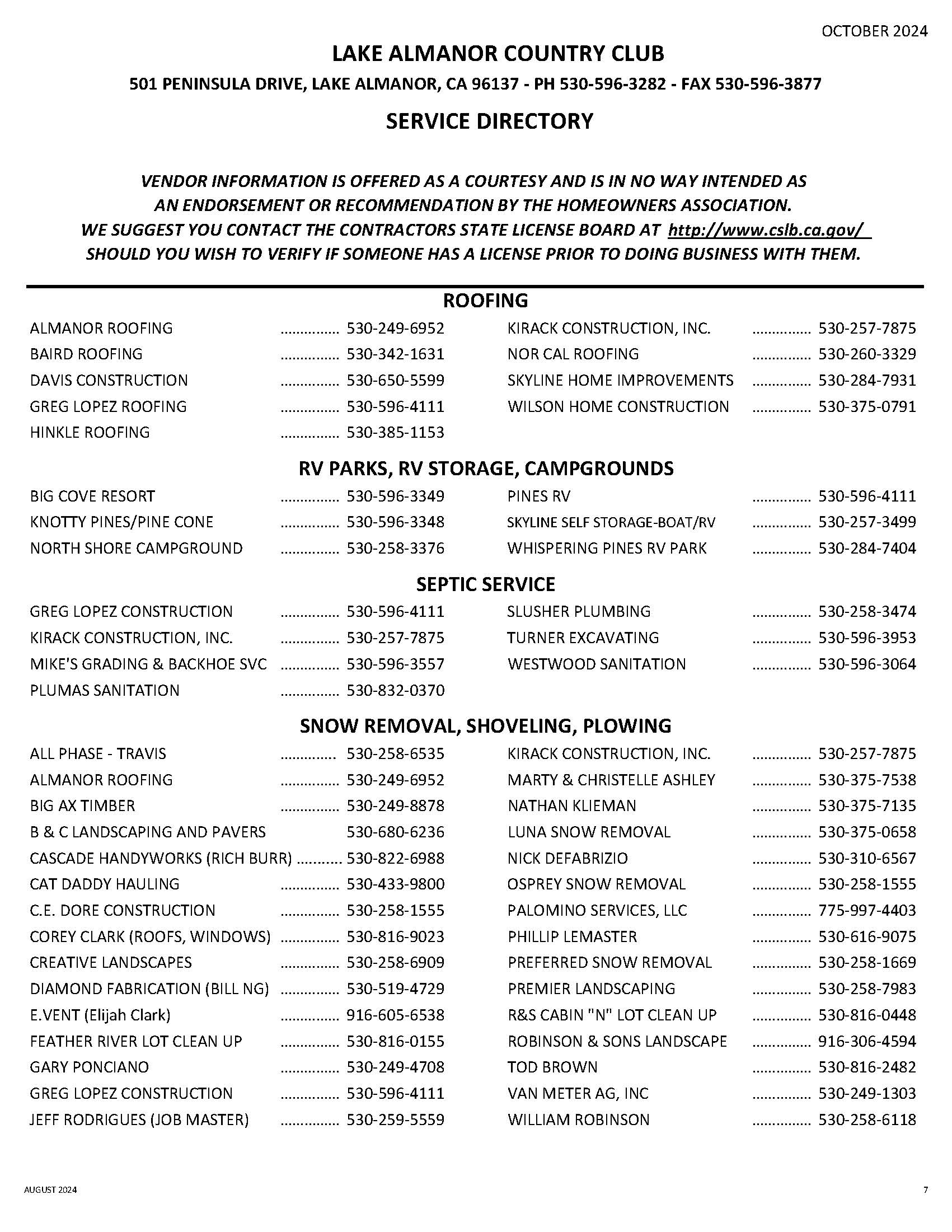 LACC Service Directory Lake Almanor Country Club