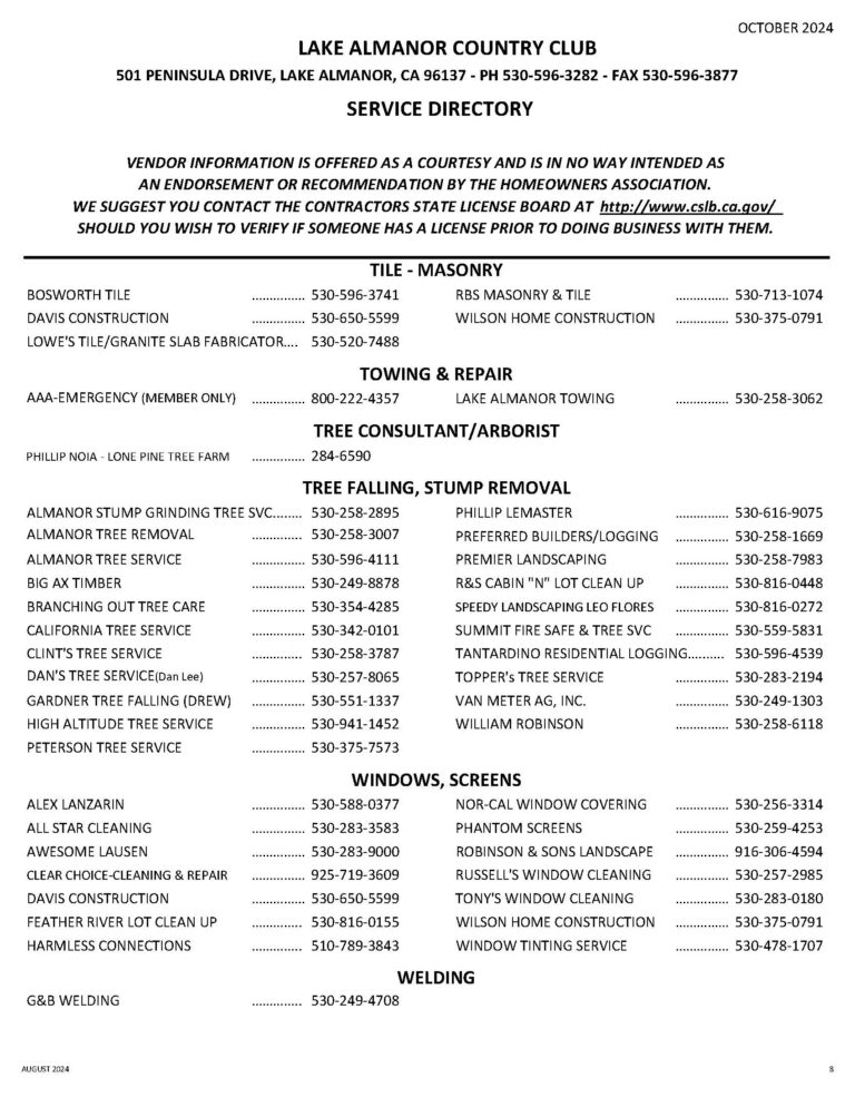 LACC Service Directory Lake Almanor Country Club