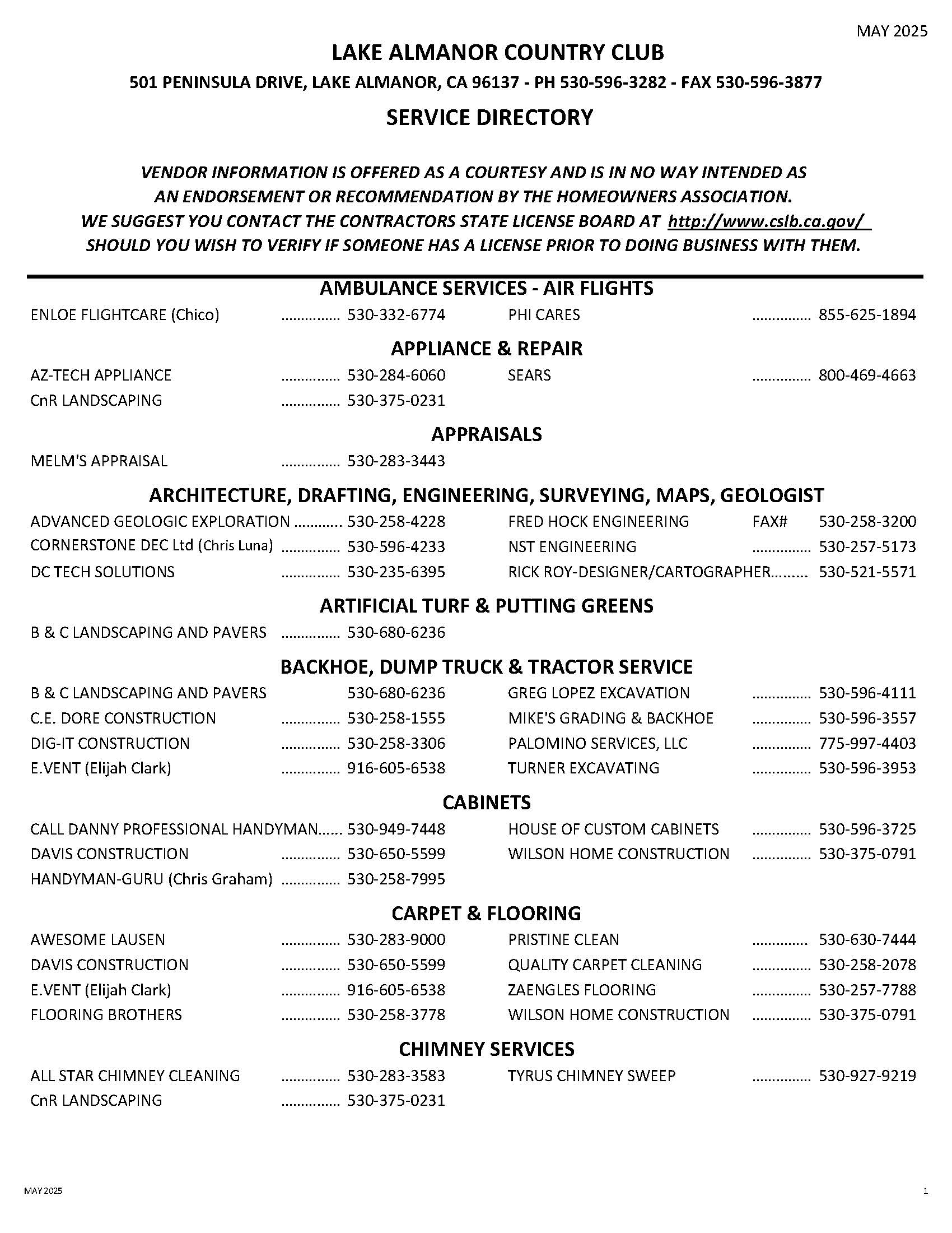 LACC Service Directory Lake Almanor Country Club