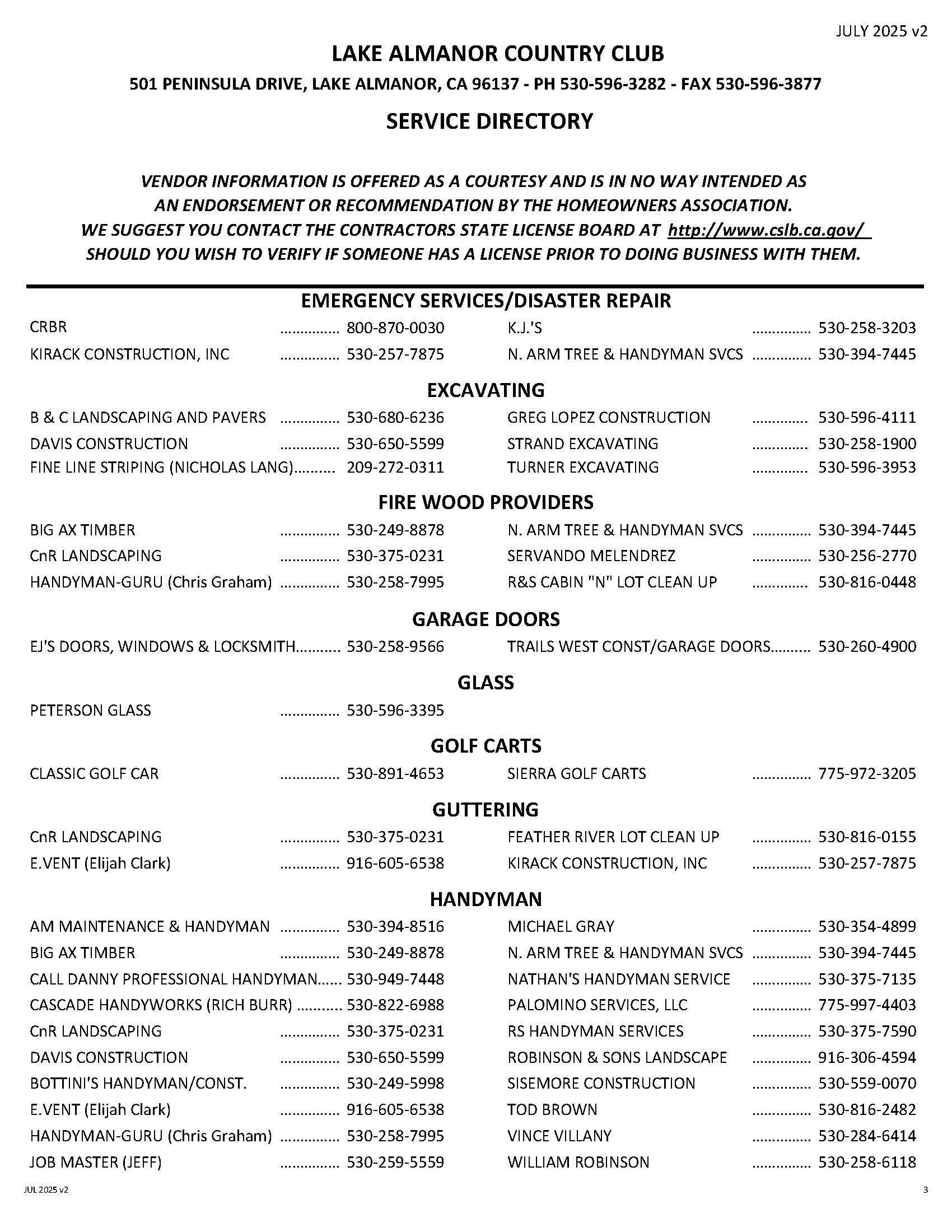 LACC Service Directory Lake Almanor Country Club