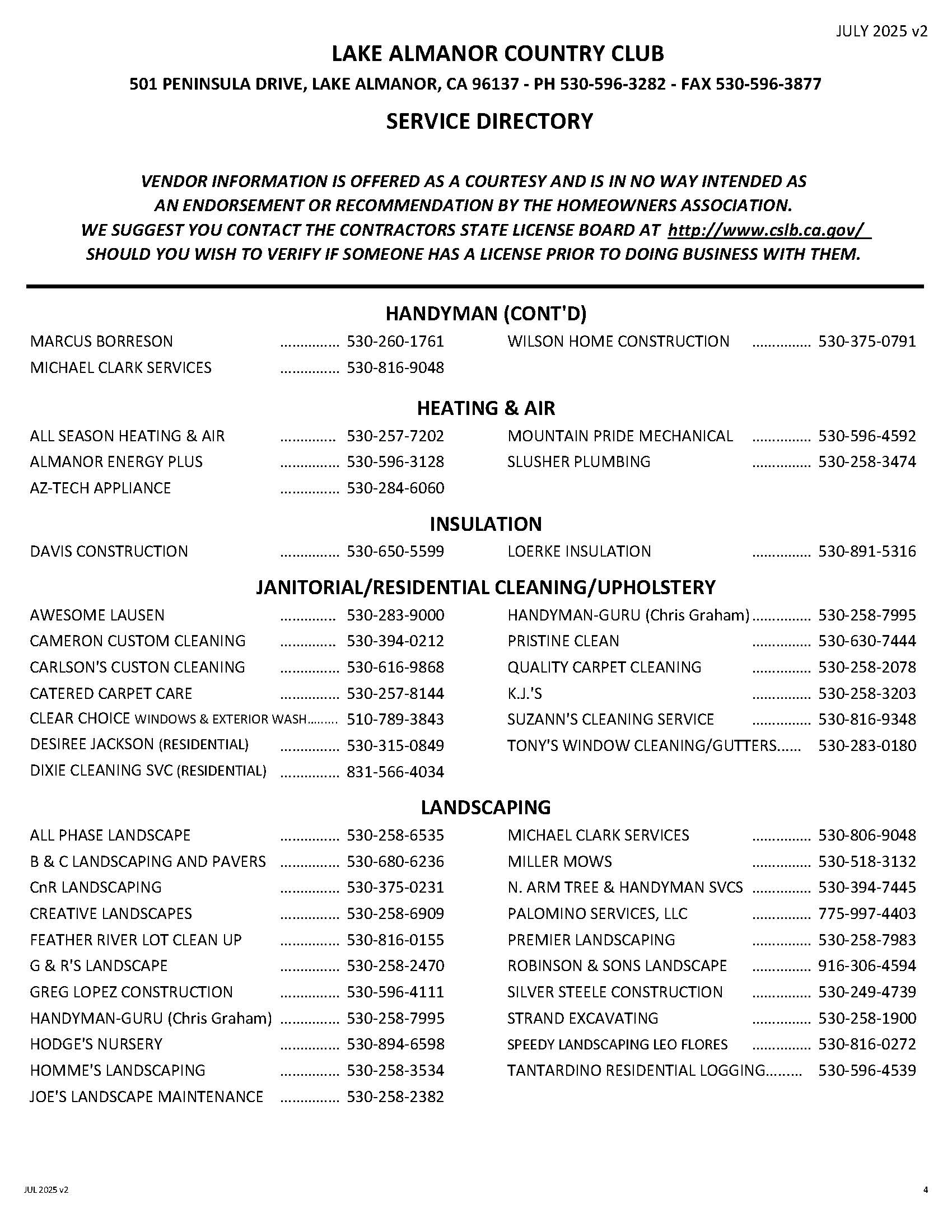 LACC Service Directory Lake Almanor Country Club