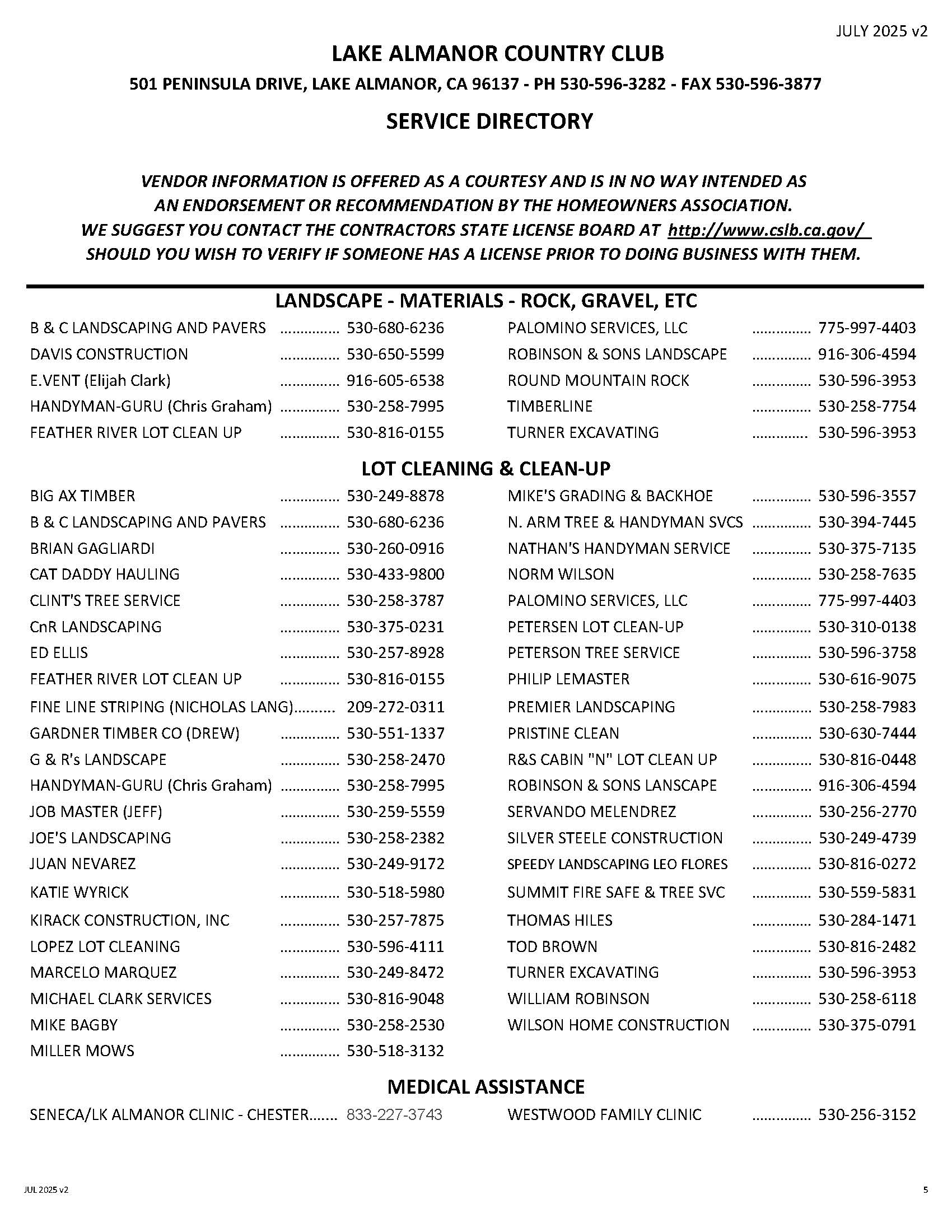 LACC Service Directory Lake Almanor Country Club