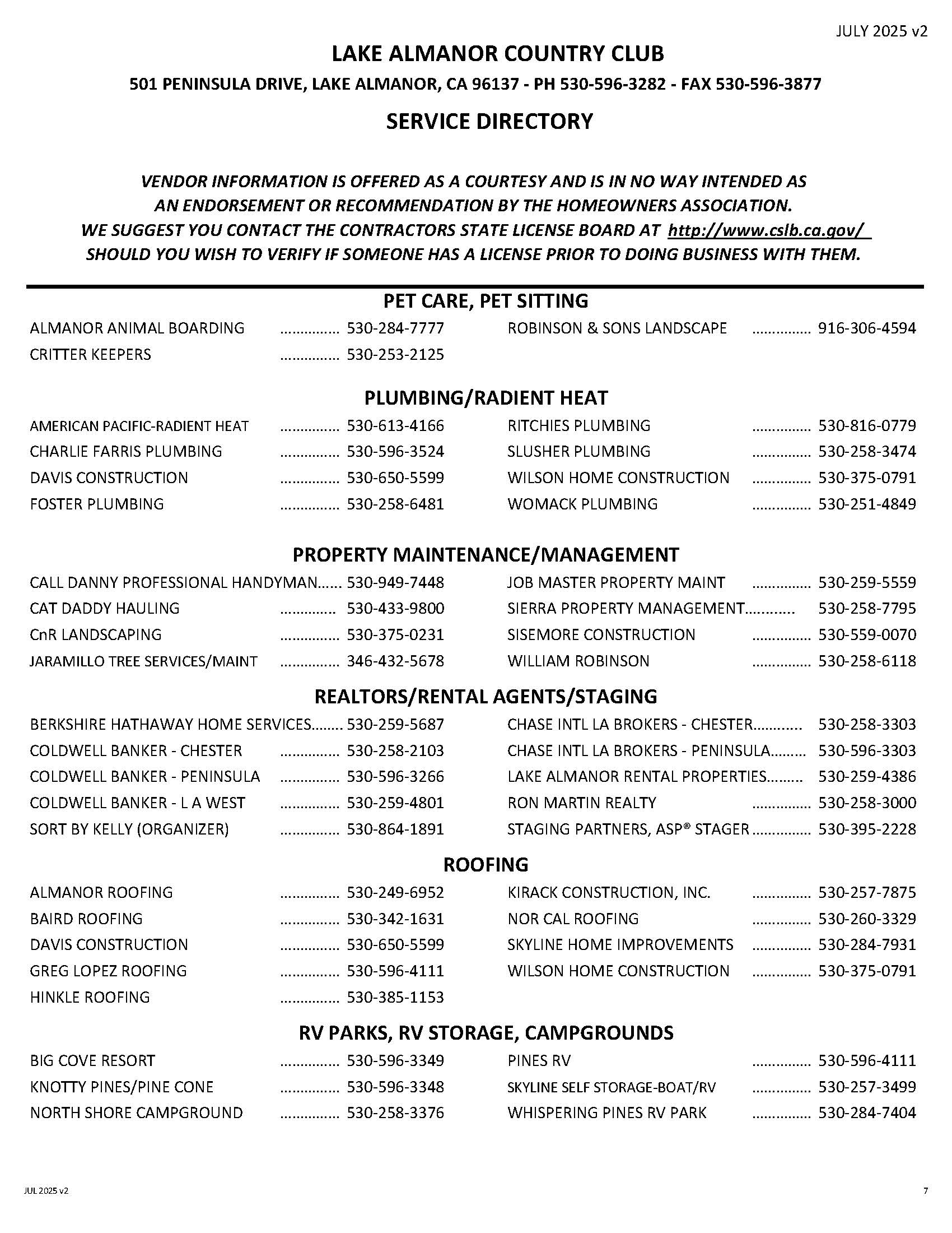 LACC Service Directory Lake Almanor Country Club